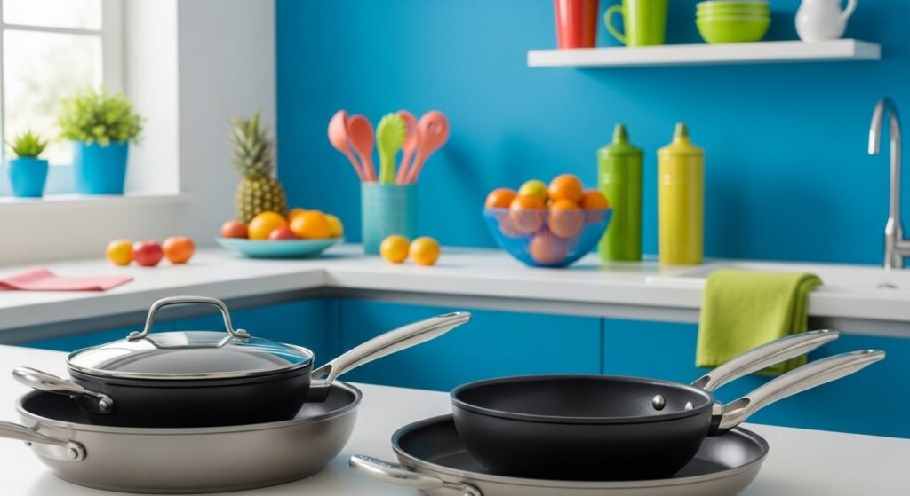 Conjunto moderno de panelas antiaderentes com acabamento neutro em cozinha colorida e vibrante ao fundo.